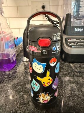 Thermos Kids Black Water Bottle with Colorful Pokémon Character Stickers